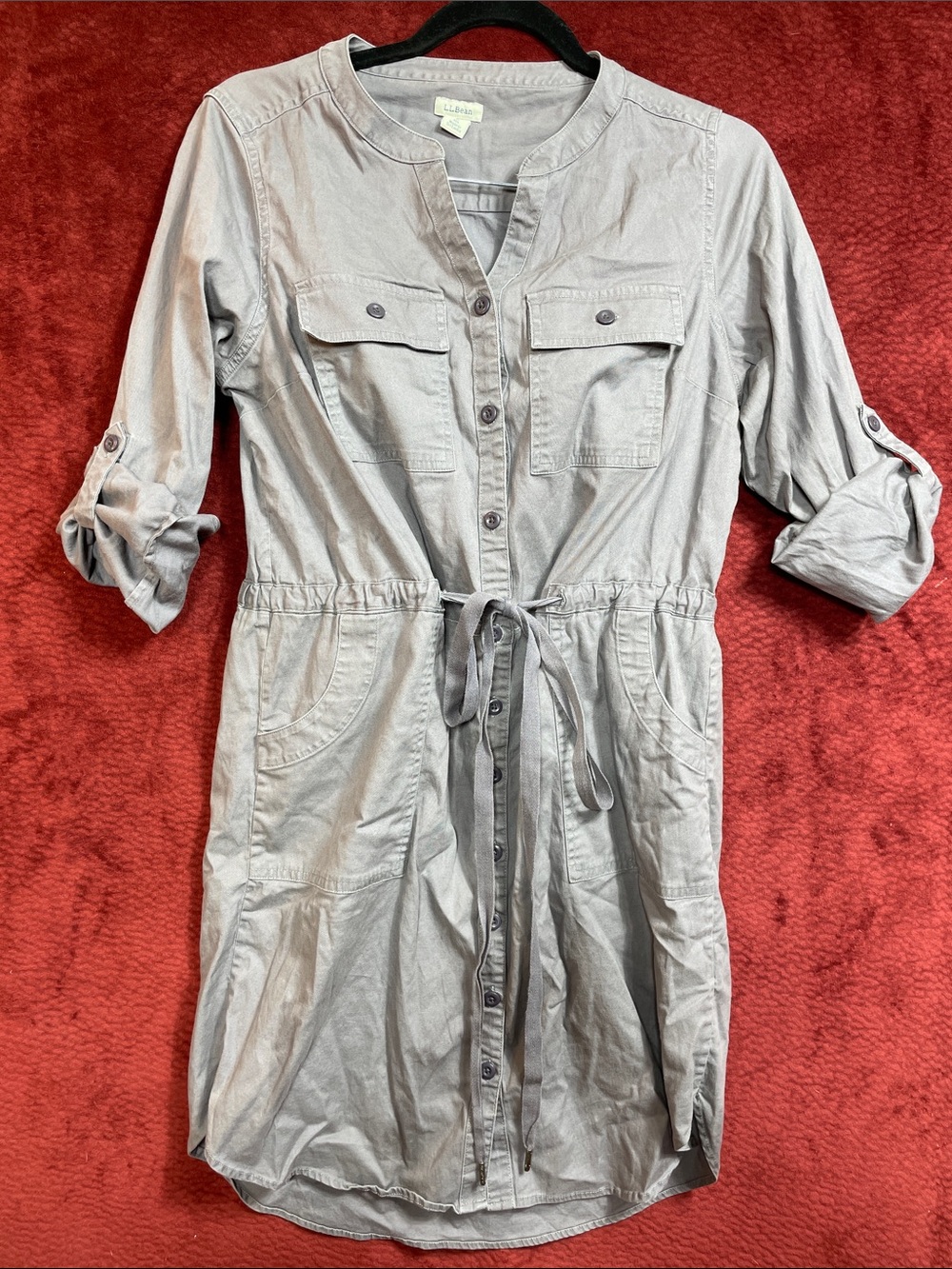 ❤️ L.L. Bean Stretch Cotton Gray Drawstring Waist Cargo Button Down Shirt Dress